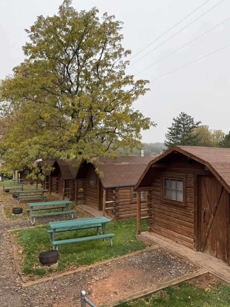 Cabin rentals with picnic tables at Happy Holiday RV Resort in Rapid City and near Mount Rushmore and Badlands National Park.