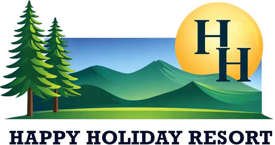 Logo for "Happy Holiday Resort" featuring two evergreen trees, green rolling hills, and a large yellow sun with the letters "HH" inside. The resort name is written in bold letters below the image.